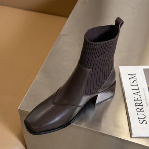 New Spring/Autumn Women Boots Solid Square Toe Low-Heel Genuine Leather Womens Shoes Comfortable Square Heel Boots for Women