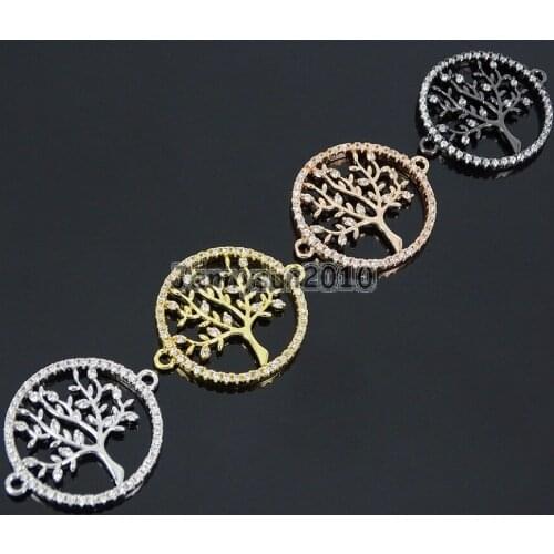 Zircon Gems Stones Pave Tree Of Life Bracelet Connector Charm Beads Silver Gunmatel 20X24mm 10Pcs/Pack