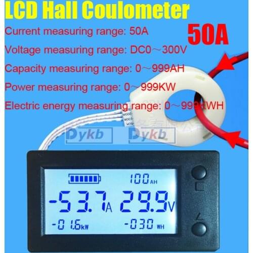 DC 300V +-50A Battery Monitor 6in1 Digital LCD Hall Sensor Voltmeter Ammeter Voltage Current Capacity meter Charge Discharge