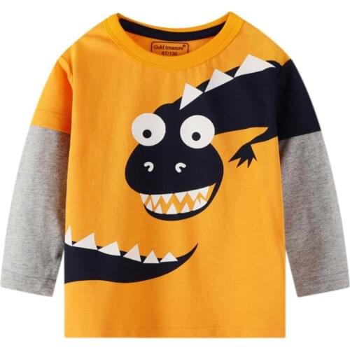 Korean version of childrens clothing spring new 2020 childrens long-sleeved T-shirt cotton fake two dinosaur cartoon baby clot