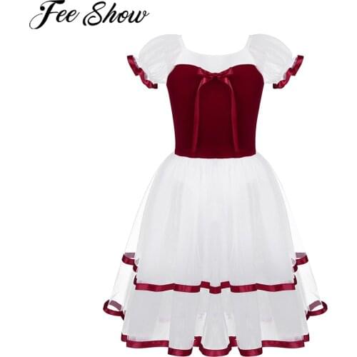 FEESHOW Kids Girls Elegant Dress Openwork Puff Sleeves Bowknot Velvet Top Bodice Ballet Dance Leotard Long Mesh Tutu Dress