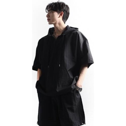 Summer casual T-shirt mens versatile cool solid color hooded zipper cardigan short sleeve T-shirt loose Size Top