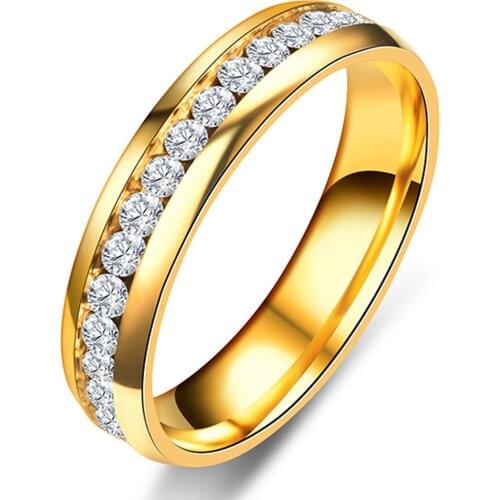 Claire Jin Fashion Crystal Stainless Steel Band Ring Gold/Silver/Black Color Wedding Couples Lovers Gift Finger Ring
