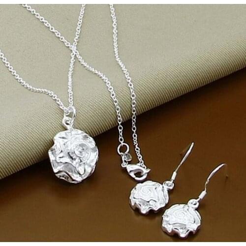 Free Shipping,silver plated rose necklace + earrings jewelry set for women,fashion women jewelry set earrings + necklace set