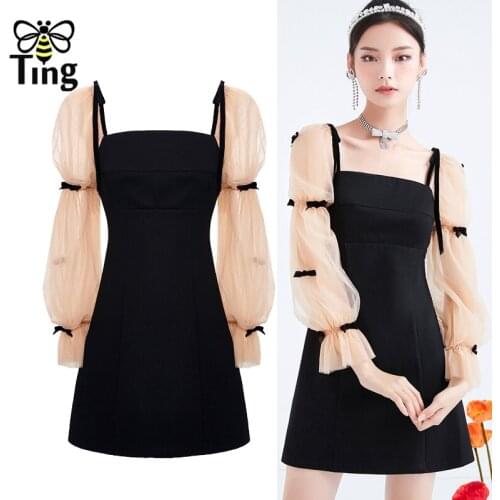 Tingfly 2021 Summer New Hit Sweet Egirl Korean Casual Mini Short Black Dress Cream Puff Sleeve Street Fashion Simple Design Robe