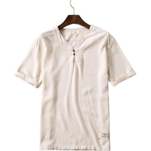 Brand Clothes Summer Mens T-shirt 2020 New Fashion Casual Flax Linen Chinese Style Short Sleeve V-neck T-shirt Male