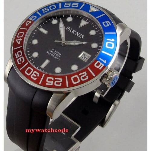 Famous brand 42mm Parnis black dial rubber strap Sapphire glass 21 jewel Miyota automatic mens watch P393