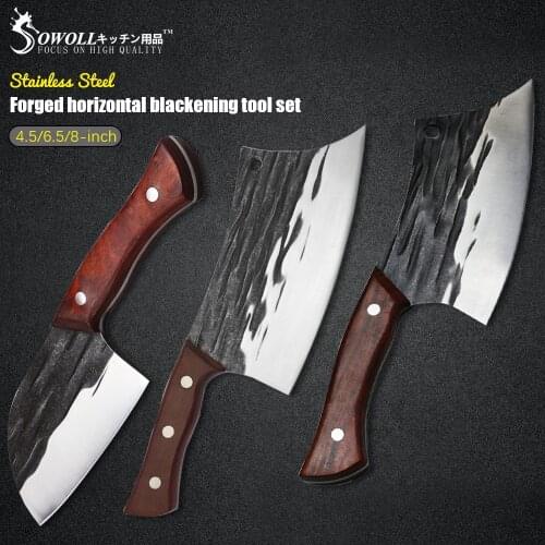 Sowolll Chopping Stainless Steel Chef Knives Set 4.5'' 6'' 8'' INCH 4CR13 Sharp Blade Full Tang Cleaver Cooking Meat Fish Tools