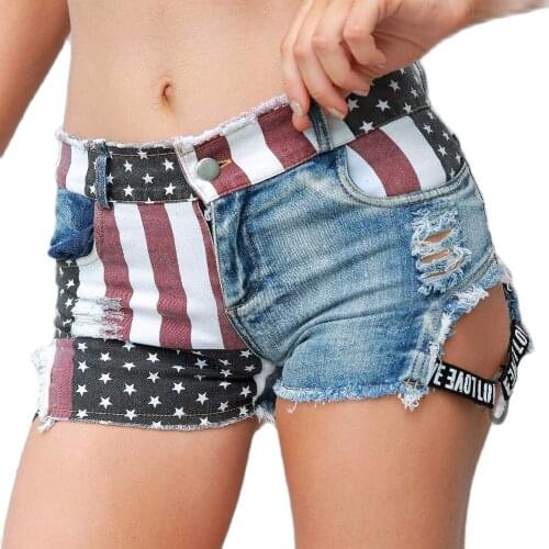 New 2021 Sexy Womens High Waist American Flag Printed Denim Thong Hole Denim Shorts
