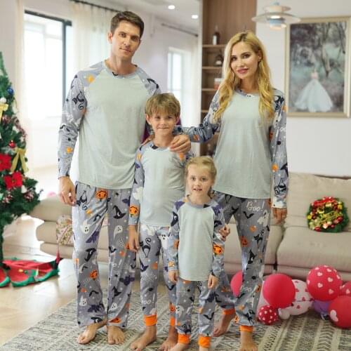 Parent-Children Outfit Halloween Loungewear Long Sleeve Tops with Elastic Waist Pants Pajamas for Father/Mother/Kids