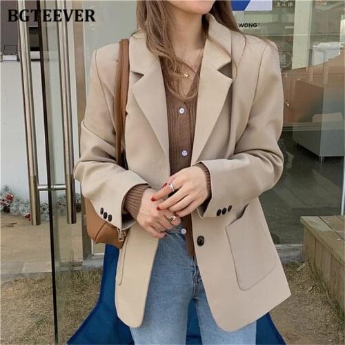 BGTEEVER Elegant Notched Collar Solid Suit Jackets for Women Spring Casual Loose Single-breasted Pockets Ladies Blazer 2021