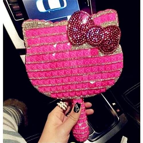 Full Diamond Portable Makeup Mirror with Long Handle Ikitty Cat Decorative Mirrors Vanity Mirror Home Decoration Accessories