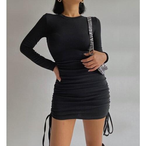 Sexy Ruched Bodycon Mini Dress Women Clothes Fall 2021 Long Sleeve O-Neck Lace Up Draped Tight Dresses Woman Party Night
