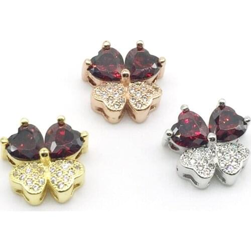 Fine Quality Bijoux Micro Pave Zircon Flower Clover Bead Red Garnet Charm For DIY Women Braided Bracelet Necklace Jewelry Making