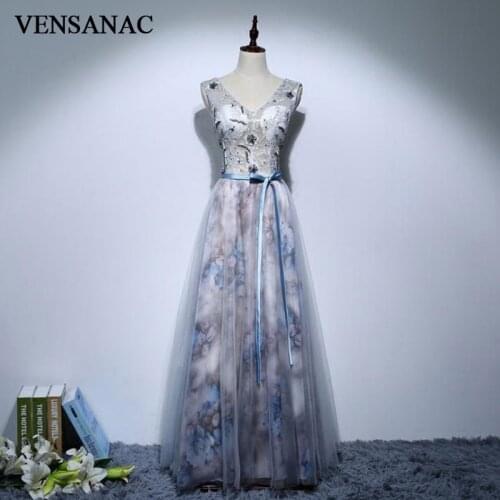 VENSANAC 2018 A Line Lace Embroidery V Neck Long Evening Dresses Elegant Sash Party Crystal Flowers Backless Prom Gowns