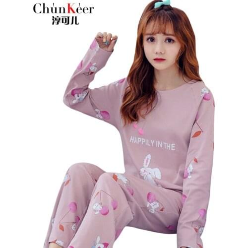 Spring and Autumn Pink New Pajamas Womens Cotton Casual Cute Cartoon Long Sleeve Pants Home Service Set Comfortable Soft