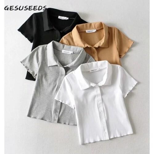 Vintage t Shirt Women Elegant Short Sleeve Top Ruffle Knitted t Shirts Korean Turn Down Collar Shirt Slim Button Up Shirts Black