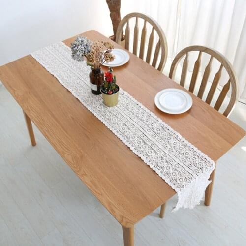 Vintage Beige Cotton Crochet Bed Table Runner Cloth Cover Dining Lace Tea Coffee Tablecloth Mat Christmas Party Wedding Decor