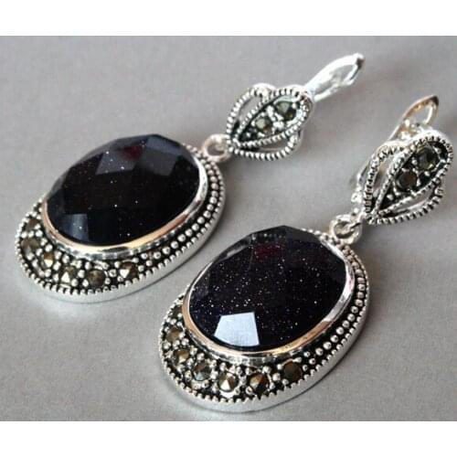 Vintage 925 Silver Jewelry Natural Blue Sand jade Marcasite Earrings 11/2" REAL Natural