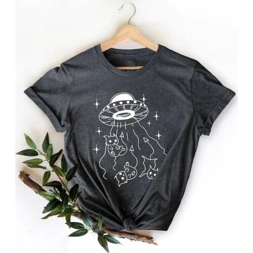 Funny Cat Catduction Are Aliens And Shirts Lover Funny Kawaii 100%Cotton Women Tshirts Plus Size Short Sleeve Tees harajuku y2k