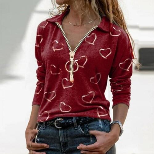 Women Casual Zipper V Neck Heart Print Long Sleeve Sweatshirt Blouse T-shirt Spring Pullover Ladies Elegant Tops Plus Size
