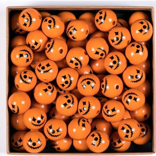 10Pcs 25mm Halloween Wooden Beads Pumpkin Print Funny Face Round Beads DIY Fashion Custom Crafts Holiday Decoration Accessories