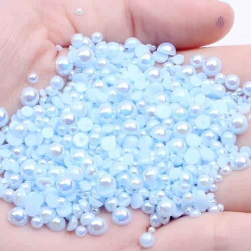 1000/500pcs 2-5mm and Mixed Size Light Blue AB Glue on ABS Imitation Half Round Pearls Resin Flatback Beads Craft Jewelry Making