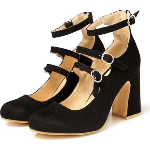 2020 Vintage Women Shoes High Heel Platform Ankle Strap Buckle Thick High Heel Pumps Women Shoes Mary Janes Plus Size