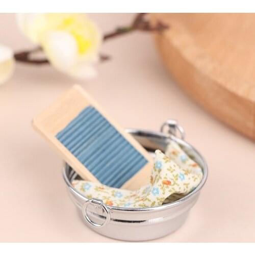 3Pcs/Set Dollhouse Miniature Old Time Laundry Tub with Wooden Washboard Towel Set Furniture Toys