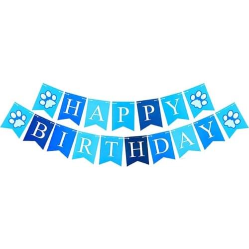 Pet Party Happy Birthday Paper Letter Flag Blue Dog Paw Cat Face Pattern Decoration Thanksgiving Day Props Banner Supplies