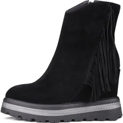 2019 Women Boots Short Plush Cow Leather Ankle Boots Platform Wedges 9cm High Heel Autumn Winter Boots Big Size 34-42