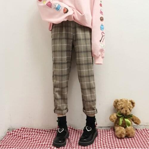 Japanese Soft Girl Retro Plaid High Waist Was Thin Casual Trousers College Style Sweet Girl Trousers Plaid Pants Women