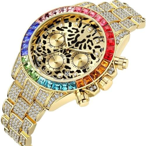 Mens Watch Three-Eye Multi-Function Calendar Watches Steel Belt Diamond Leopard Print Men Watchs Luxury Relogio Masculino