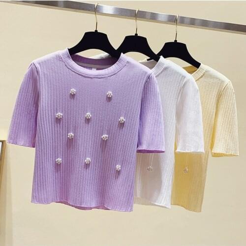 GGRIGHT O Neck Short Sleeve Knit Crop Top Women Purple Pearls Beading Summer Casual Y2K 90S Sexy T Shirts Basic Vintage