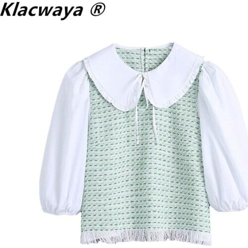 Klacwaya 2021 Women Fashion Cute Patchwork Textured Tassel Cropped Blouses Vintage Long Sleeve Female Shirts Blusas Casual Tops