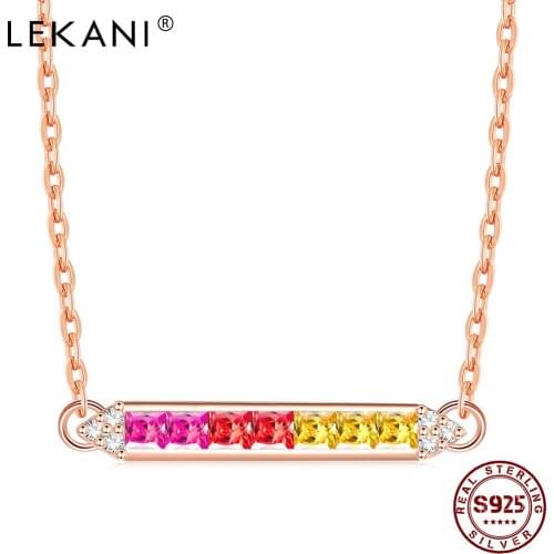 LEKANI Rainbow S925 Sterling Silver Necklace For Women Colorful Cubic Zirconia Strip Elegant Girl Engagement Gift Fine Jewelry