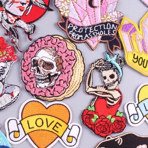 Punk /Skull Embroidered Patches For Clothing Iron On Love-shape Patches For Clothes Appliques For T-shirt Crystal Patch Stripe