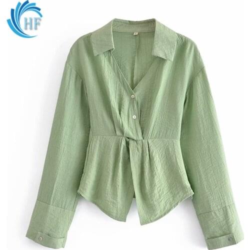 2021 autumn new short jacket V-neck vest cross-knotted green shirt irregular solid color long-sleeved top stitching sexy blouses