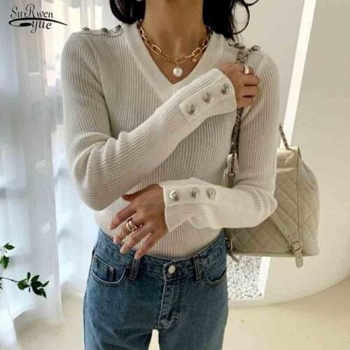 Autumn New Womens Sweaters V-Neck New Fashion Clothes Solid Button Long Sleeve Pullovers Lady Casual Slim Women Pullover 16712