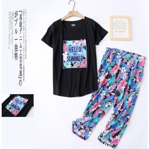 Plus Size Knitted Flamingo Print Pajamas Women Spring Summer Short-sleeved Cropped Trousers Plus Size Cotton Home Service Suit