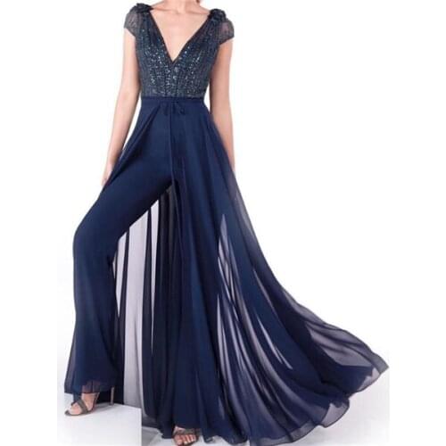 Navy Blue Jumpsuits Prom Dresses With Detachable Train Beaded V Neck Short Sleeve Arabic Sequined Evening Gowns Formal Party