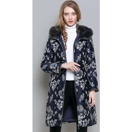 Fashion New Winter Long Hooded Down Jackets Parka Women Rabbit Liner Navy Blue Flower Print Outwear Warm Thick Real Fur Coats
