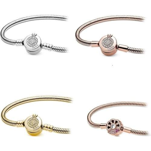 925 Sterling Silver Rose Moments Pink Fan Clasp Snake Chain Pandora Bracelet Bangle Fit Bead Charm Jewelry