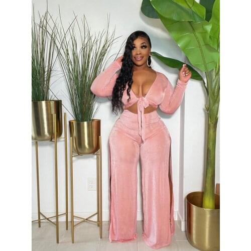Elegant Solid Velvet Tracksuit Women Sexy V Neck Lace Up Long Sleeve Crop Top + Slit Wide Leg Pants Two Piece Set Outfits Suits
