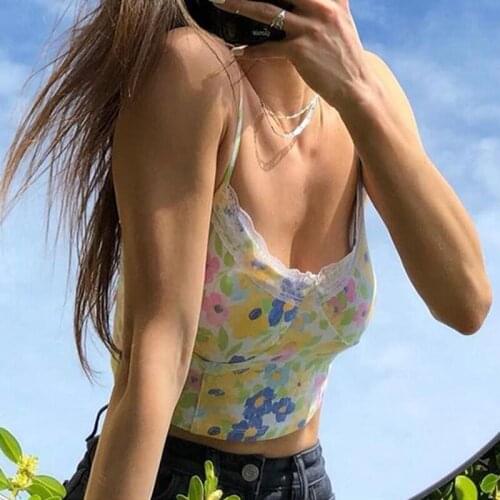 Summer Sexy Floral Print Camisole Tops Women Sleeveless Lace V Neck Slim Fit Tank Top 2021 Fashion Holiday Sweet Casual Crop Top