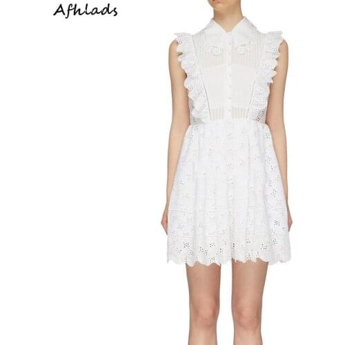Self-Portrait Turn-Down Collar Ruffled Dress Female 2019 New Summer White Lace Embroidery High Waist Patchwork Vintage Dress