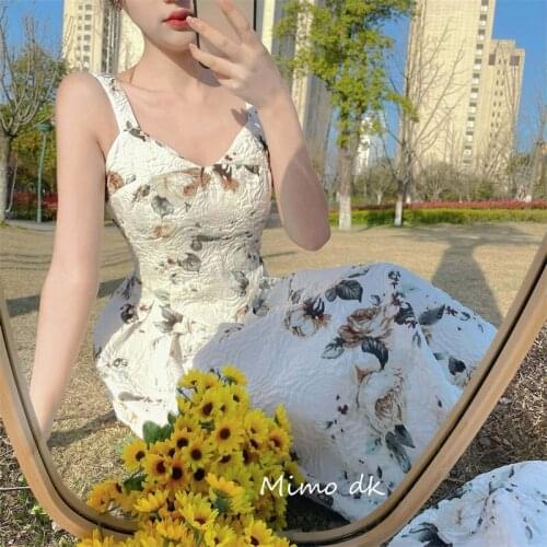 2021 summer new French retro palace style floral dress female spring and summer print suspender skirt 2021 new princess dress fe