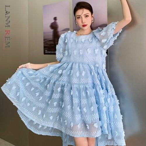 LANMREM Women Flower Short Puff Sleeve Mesh Dress Blue Color Cute Dresses Fit Lady Fashion Tide Summer 2021 2H028