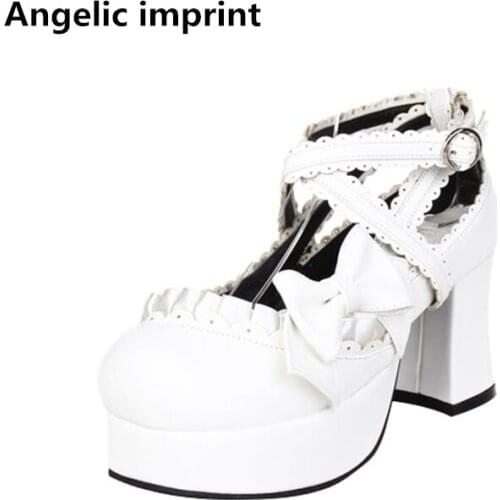 Angelic imprint woman mori girl lolita cosplay shoes lady high heels pumps women princess dress party shoes lacework bows 7.5cm