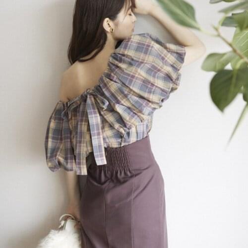 Tide Chic Plaid Drawstring Bow Women Blouses Sweet Elegant Puff Sleeve Women Tops Sexy Slash Neck Shoulder Strapless Blusas